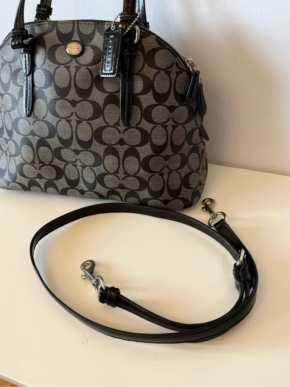 Coach Peyton Black and Tan Signature Satchel with strap